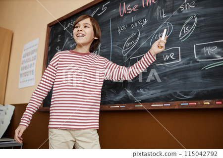Low angle view of self-confident Caucasian schoolboy standing at blackboard doing exercise in English class, copy space Low angle view of self-confident Caucasian schoolboy standing at blackboard doing exercise in English class, copy space 115042792