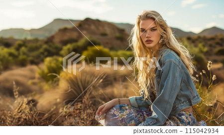 beautiful blonde in a casual setting 115042934