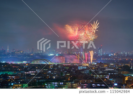 Summer night view and fireworks in Komae, Tokyo and Noborito, Kawasaki, Kanagawa 115042984