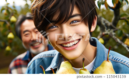 Young man picking pears in an orchard 115043139
