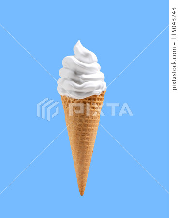 creamy ice cream cone, in a waffle glass on a blue background 115043243