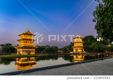 Illuminated tower in a park in Ninh Binh city, Hanoi, Vietnam 115043581