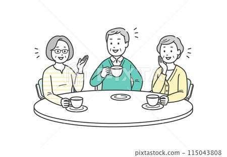 一位老人和一位老年婦女一邊喝茶一邊愉快地交談的插圖 一位老人和一位老年婦女一邊喝茶一邊愉快地交談的插圖 115043808