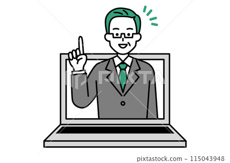 A middle-aged man in a suit jumps out of a laptop screen and gives advice A middle-aged man in a suit jumps out of a laptop screen and gives advice 115043948