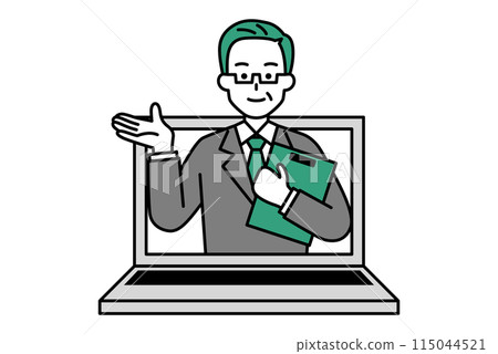 A middle-aged man in a suit jumps out of a laptop screen to explain 115044521