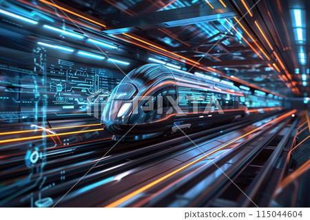 a future world, streamlined maglev vehicles on high-speed track 115044604