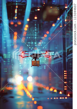 Innovative drone delivery technology, drones dropping packages 115044607