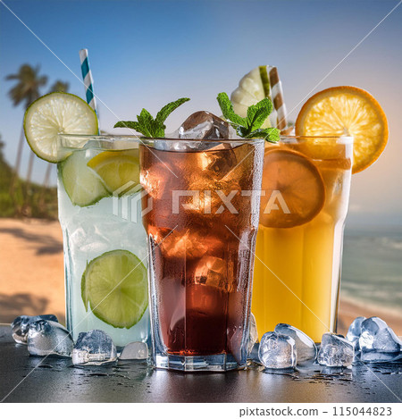 beverage, drink, refreshment, cold drink, soda, soft drink, carbonated drink, juice, water, tea, coffee, lemonade, iced tea, energy drink, sports drink, alcoholic beverage, cocktail, mocktail, smoothi 115044823