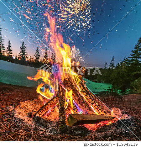 campfire, bonfire, fire pit, outdoor fire, flames, wood fire, warmth, gathering place, roasting marshmallows, storytelling, camping, cooking, s'mores, outdoor cooking, rustic ambiance, cozy atmosphere 115045119