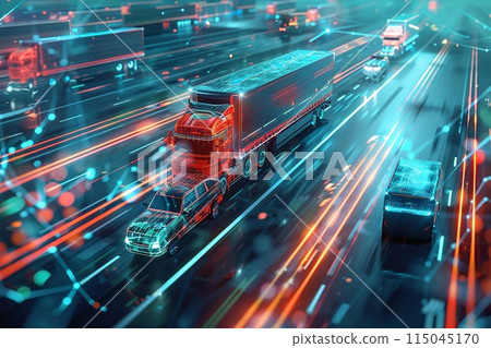 Advanced cargo transport scenario, with autonomous freight vehicles and smart delivery systems operating in a futuristic global network, highlighted by an abstract digital background 115045170