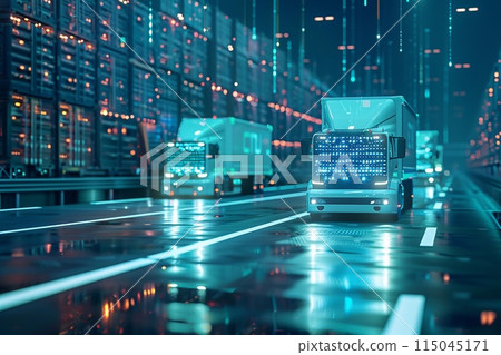 Advanced cargo transport scenario, with autonomous freight vehicles and smart delivery systems operating in a futuristic global network, highlighted by an abstract digital background 115045171