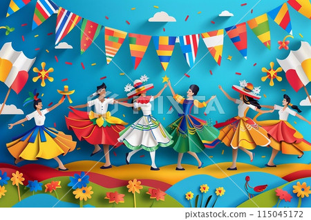 Argentina Independence Day parade featuring dancers in traditional attire, flags, and festive decorations 115045172