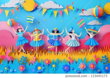 Argentina Independence Day parade featuring dancers in traditional attire, flags, and festive decorations 115045173