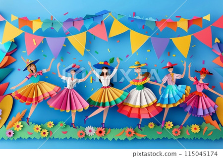 Argentina Independence Day parade featuring dancers in traditional attire, flags, and festive decorations 115045174