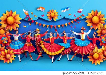 Argentina Independence Day parade featuring dancers in traditional attire, flags, and festive decorations 115045175