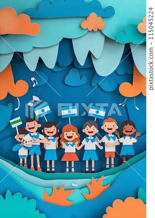 School children participating in an Argentina Flag Day ceremony, holding small flags and singing 115045224