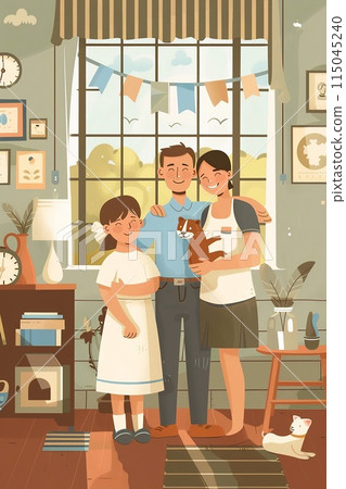 Argentine family decorating their home with national colors and flags for a patriotic holiday 115045240