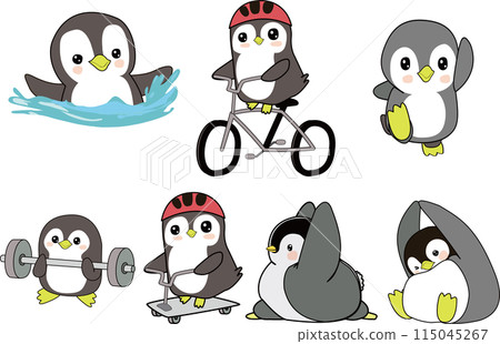 運動員企鵝進行鐵人三項、肌肉訓練和伸展運動 運動員企鵝進行鐵人三項、肌肉訓練和伸展運動 115045267