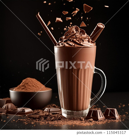 chocolate smoothie, blended drink, creamy beverage, cocoa flavor, sweet treat, dessert, chocolate milkshake, chocolatey goodness, indulgent, refreshing, rich and creamy, cocoa powder, chocolate syrup, 115045317