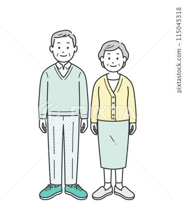 一對老年夫婦並排站立的全身圖 一對老年夫婦並排站立的全身圖 115045318