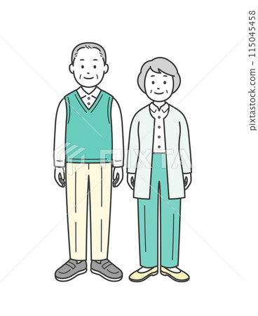 A full-body illustration of an elderly couple standing side by side 115045458