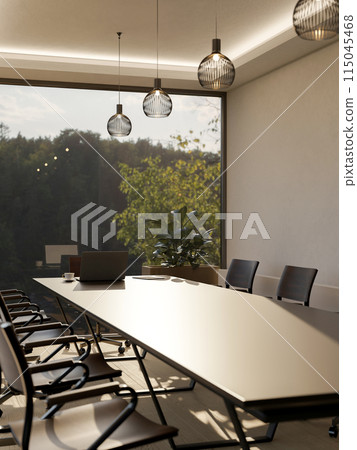 A modern, elegance meeting room with a meeting table and a large glass window with a nature view. 115045468