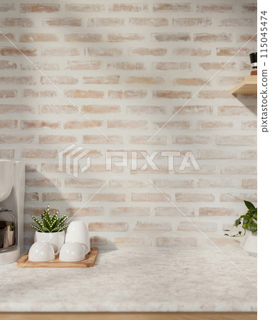 A close-up image of a space for displaying products on a marble kitchen against the brick wall. A close-up image of a space for displaying products on a marble kitchen against the brick wall. 115045474