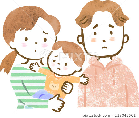 手繪插圖，一家三口的上半身，父母懷裡抱著一個男孩，表情困擾 115045501