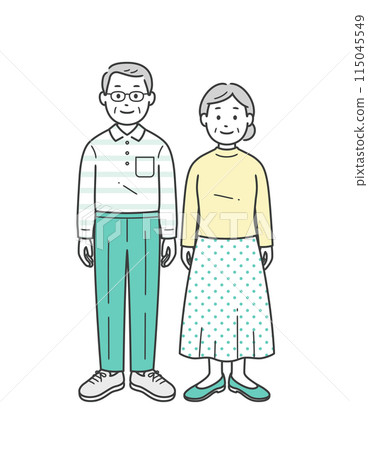 A full-body illustration of an elderly couple standing side by side 115045549