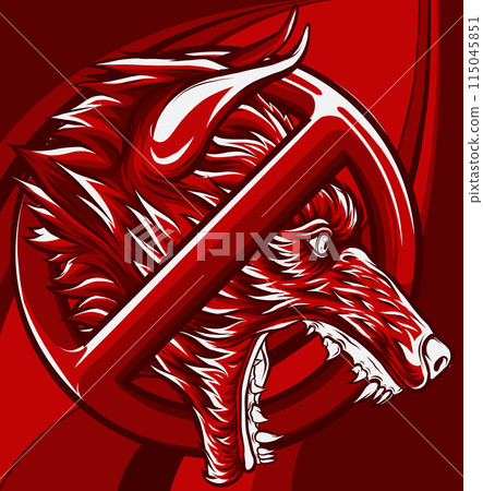 Wolf in prohibiting sign. Emblem, silhouette of a predator. 115045851