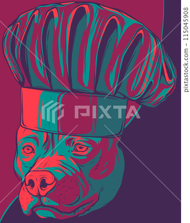 Pit bull Terrier in a chef s cap. Vector illustration. 115045908