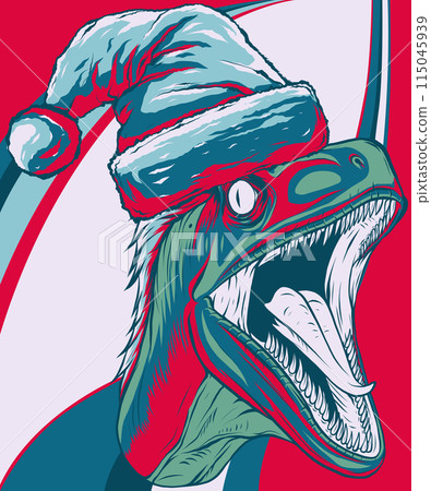vector illustration of velociraptor head with christmas hat 115045939