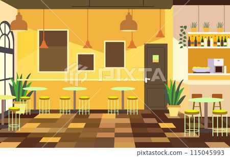 Illustration of Modern Interior Landscape in Cafe Restaurant with Dining Table for Customer Illustration of Modern Interior Landscape in Cafe Restaurant with Dining Table for Customer 115045993