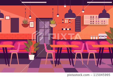 Illustration of Modern Interior Landscape in Cafe Restaurant with Dining Table for Customer Illustration of Modern Interior Landscape in Cafe Restaurant with Dining Table for Customer 115045995