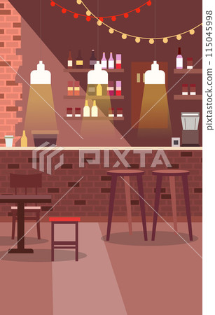 Indoor Interior Landscape in Cafe Coffee Shop with Brick Bar and Chair Table for Customer Indoor Interior Landscape in Cafe Coffee Shop with Brick Bar and Chair Table for Customer 115045998