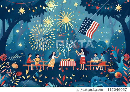 Celebration of United States Independence Day with families gathered at a picnic 115046067