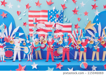 the Fourth of July featuring marching bands, decorated floats, and people in patriotic attire 115046069
