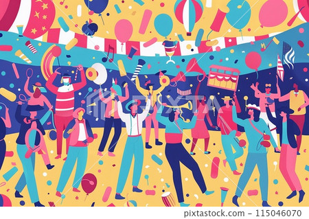 the Fourth of July featuring marching bands, decorated floats, and people in patriotic attire the Fourth of July featuring marching bands, decorated floats, and people in patriotic attire 115046070