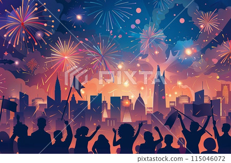 Nighttime fireworks display over a city skyline for Independence Day, with spectators cheering and waving flags 115046072