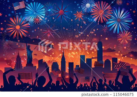Nighttime fireworks display over a city skyline for Independence Day, with spectators cheering and waving flags 115046075