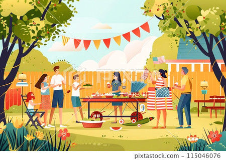 Community barbecue on Memorial Day with families enjoying grilled food 115046076