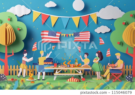 Community barbecue on Memorial Day with families enjoying grilled food 115046079