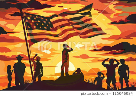 Traditional flag-raising ceremony on Flag Day with a group of people saluting the American flag 115046084