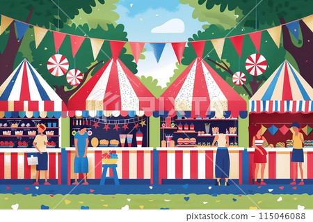 Market scene on Independence Day showcasing stalls with patriotic crafts 115046088