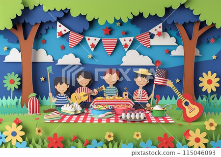 Family enjoying a festive picnic at a park on Labor Day, with traditional dishes 115046093
