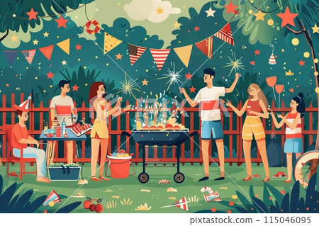 Friends celebrating the Fourth of July in a backyard, barbecuing, playing with sparklers 115046095