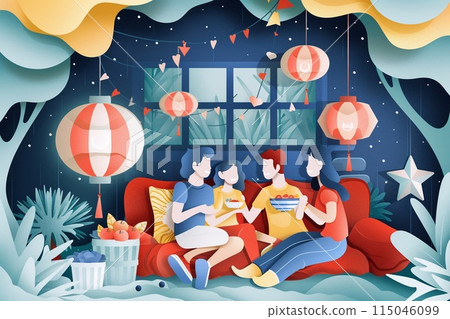 Evening celebration of Memorial Day at home, with family members wearing patriotic colors 115046099