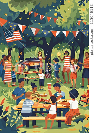 Community barbecue on Memorial Day with families enjoying grilled food, playing games 115046118