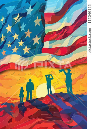 Flag-raising ceremony on Flag Day with a group of people saluting the American flag against a sunrise backdrop 115046123