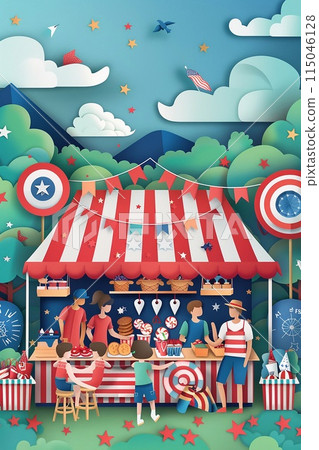 Independence Day market scene showcasing stalls with patriotic crafts 115046128